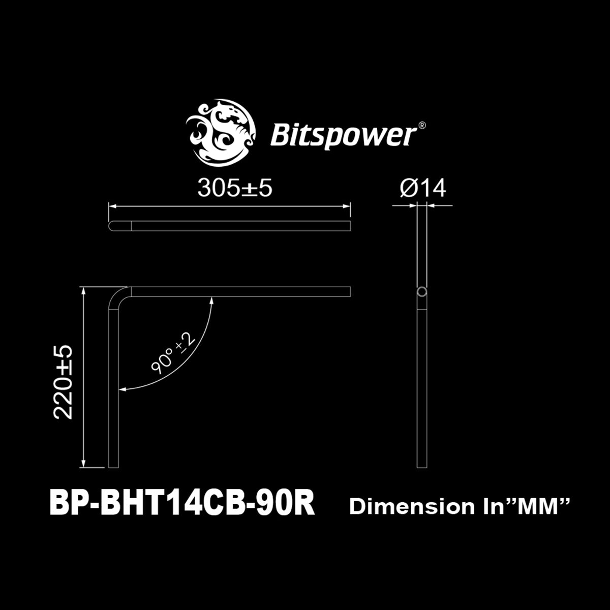 Bitspower Pre-bent 90-Degree Brass Hard Tubing 14mm OD Black Sparkle - Length 220x300mm