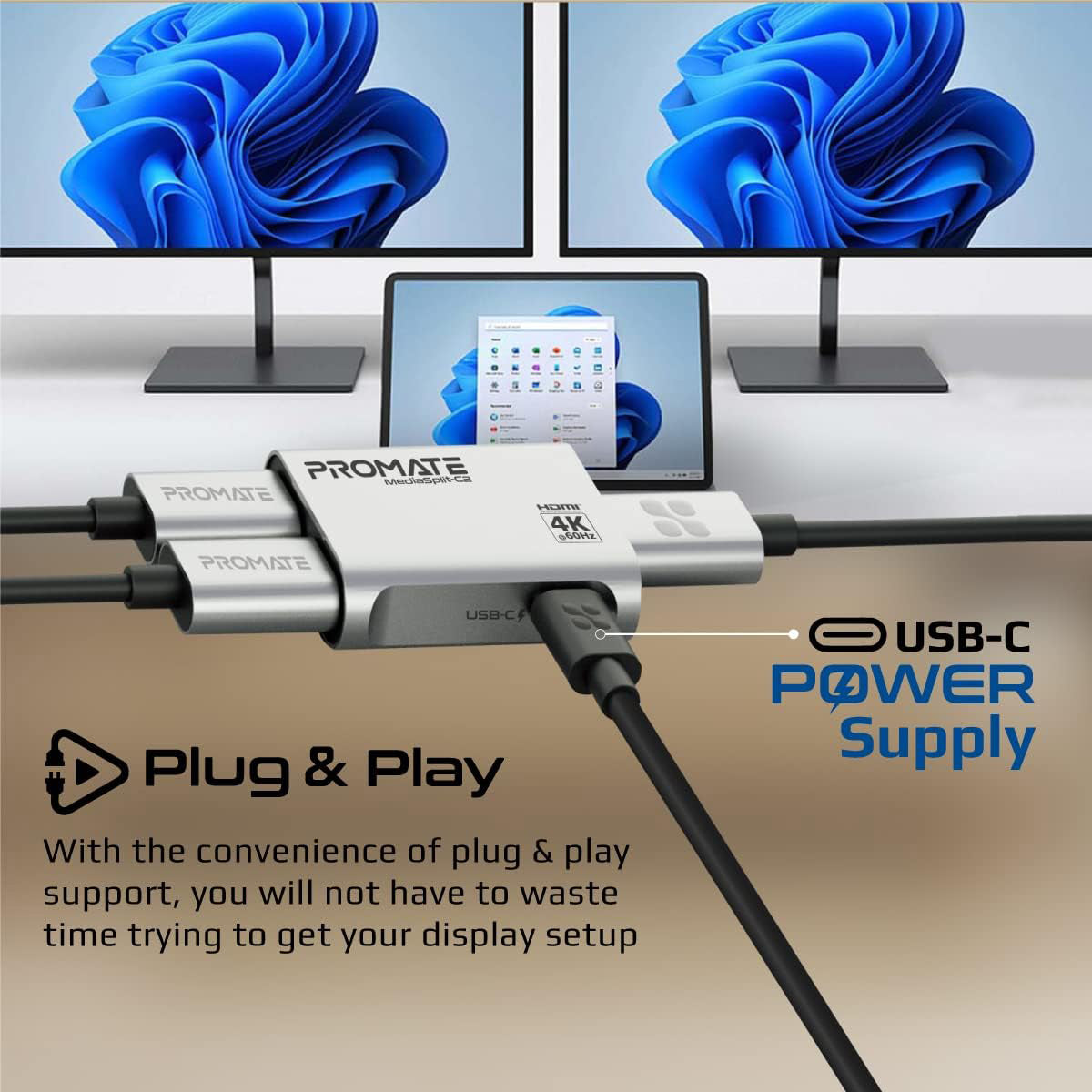 Promate HDMI Splitter With Dual HDMI Ports Up to 4K@60Hz