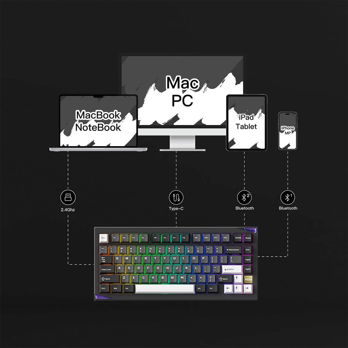 Akko Gem 01 VIA Black and Silver 75% Wireless Mechanical Keyboard -  Stellar Rose Switch