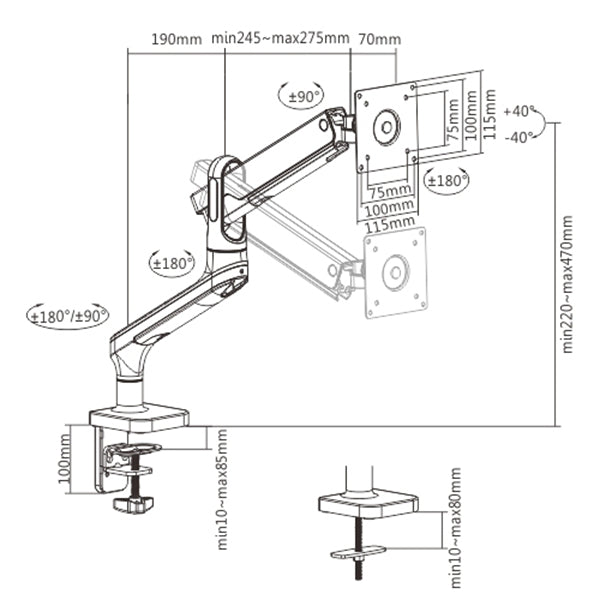 Brateck 17"-32" Premium Aluminium Spring-Assisted Desk Mount