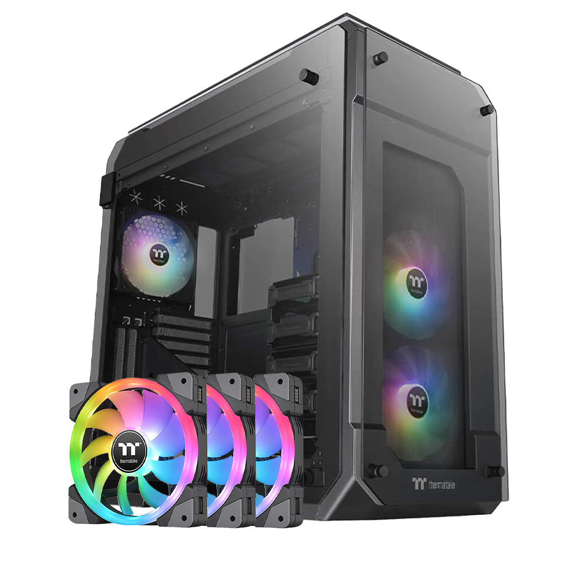 Thermaltake View 71 ARGB Full Tower Case TG + SWAFAN EX14 140mm ARGB Fan 3 Pack Black