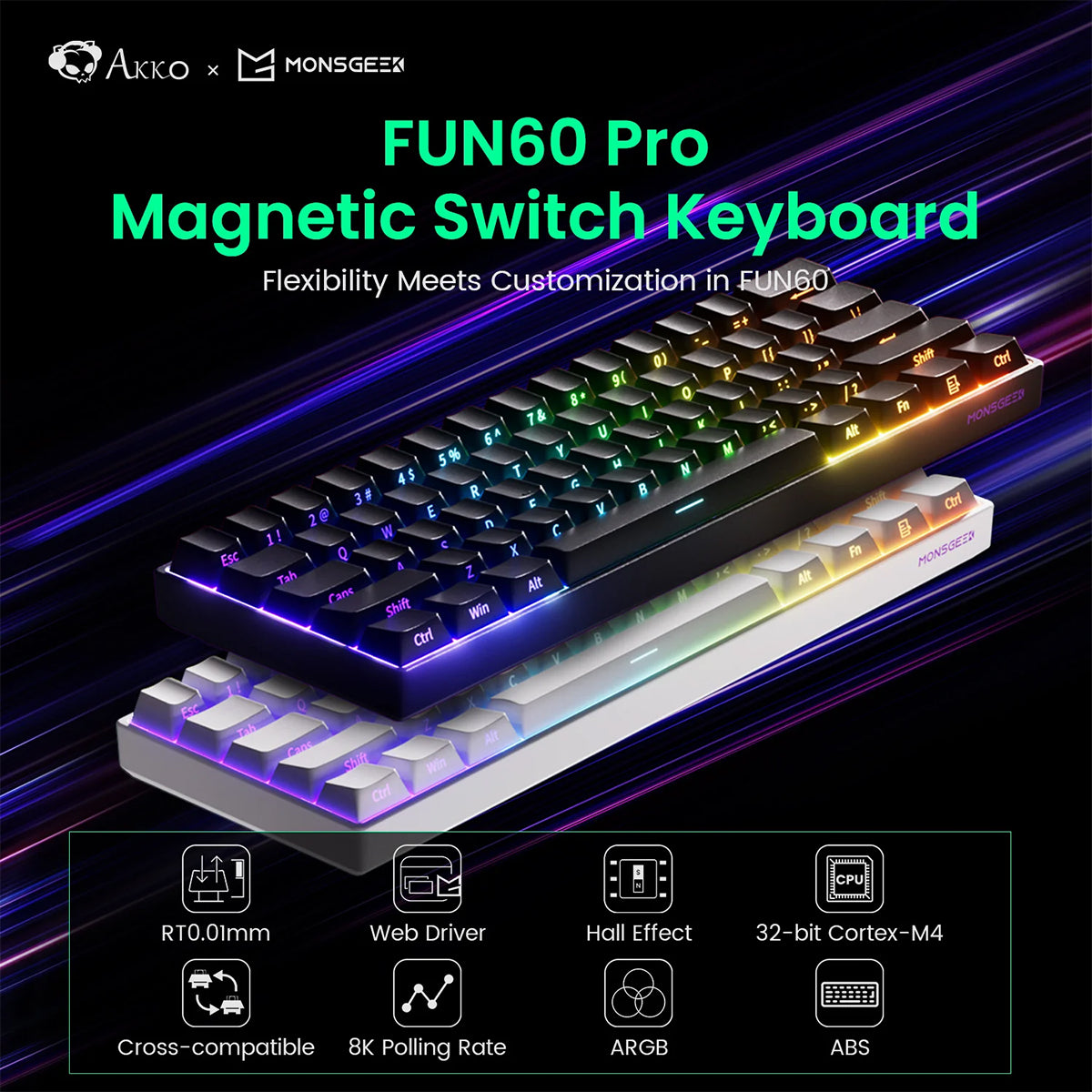 Akko Monsgeek Fun60 Pro 60% Wireless Hall-Effect Gaming Keyboard Black - Glare Magnetic Switch