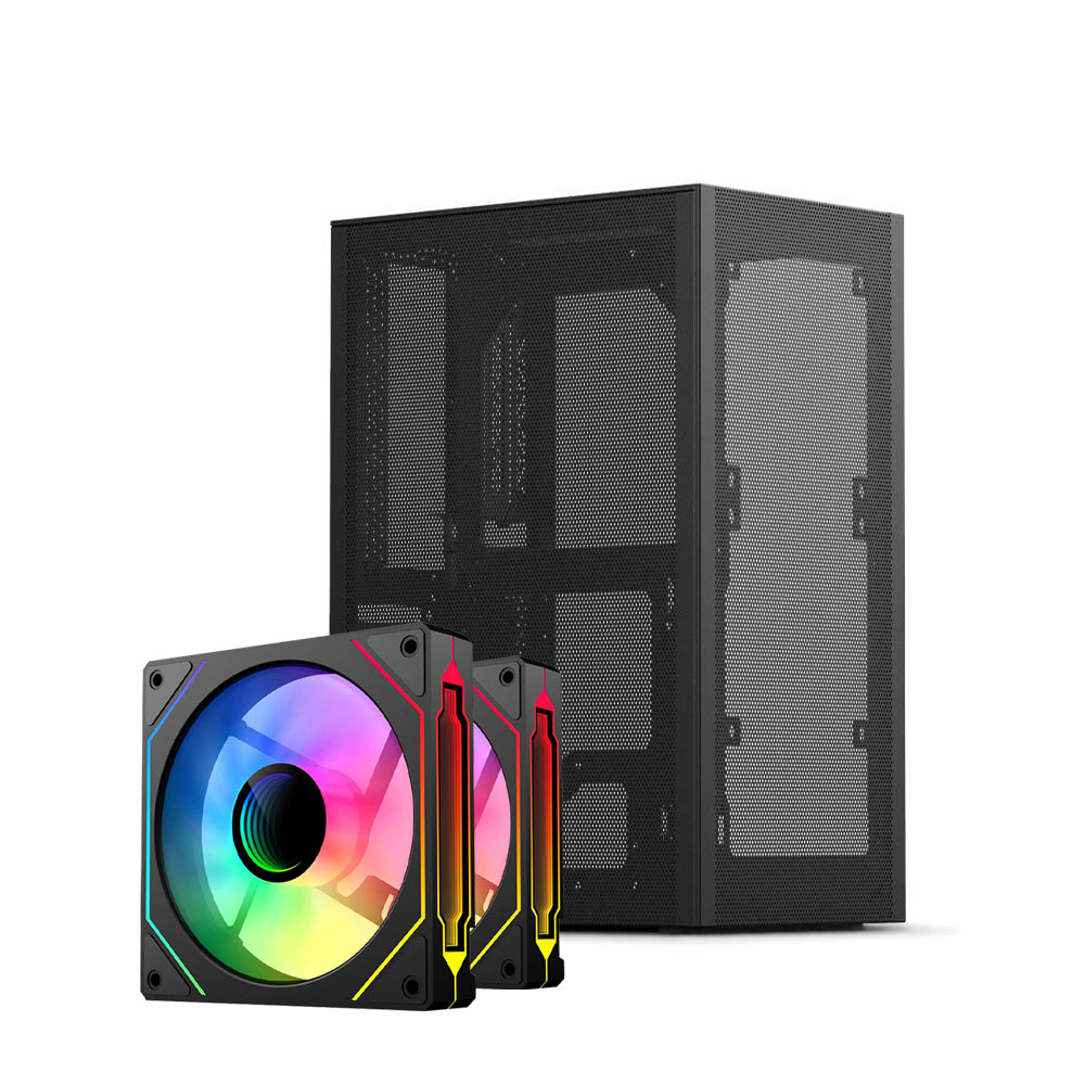 Ssupd Meshlicious Mini ITX Case - Full Mesh - PCIE 4.0 + 2x Sama YF1202 ARGB Infinity Mirror Fans - Black