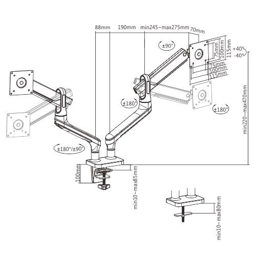 Brateck 17 -32 Premium Aluminium Dual Spring-Assisted Desk Mount Monitor Arm. Supports VESA up to100x100