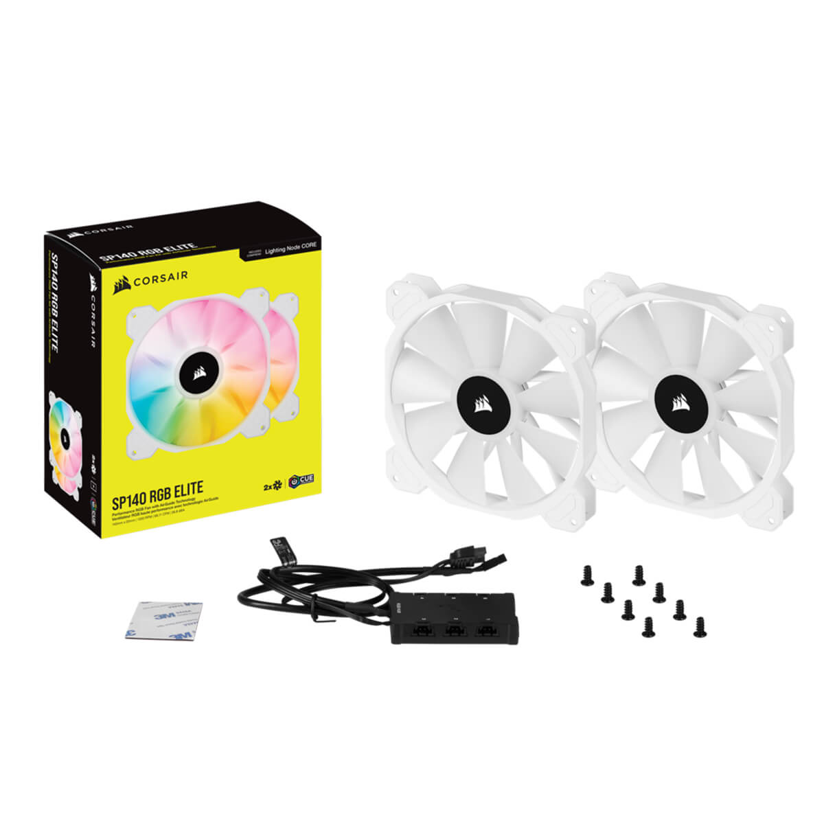 Corsair iCUE SP140 RGB ELITE White Performance 140mm PWM Fan - Dual Pack with Lighting Node