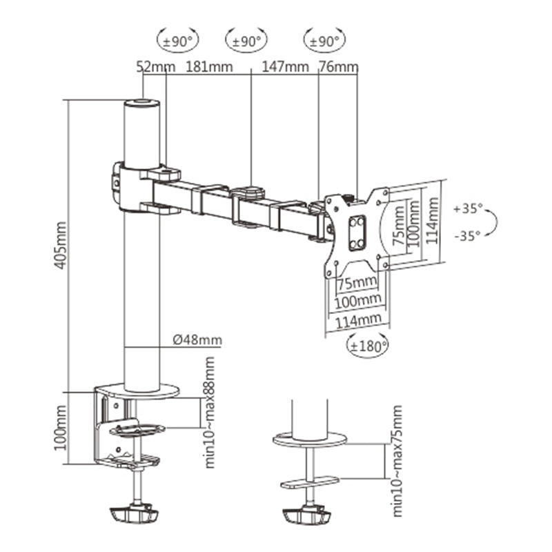 Brateck LDT33-C012 17"-32" Single Monitor Articulating Arm. Max Load: 12kg  VESA 75xx75 & 100x100