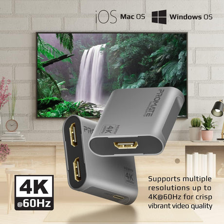 Promate HDMI Splitter With Dual HDMI Ports Up to 4K@60Hz