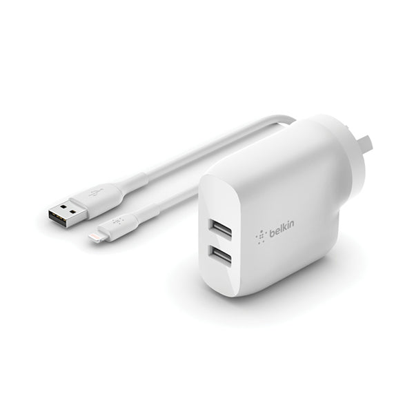 Belkin Dual USB-A Wall Charger 24W with Lightning Cable